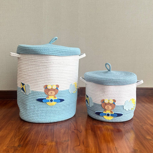 Teddy & Airplanes - Blue Rope Basket With Lid